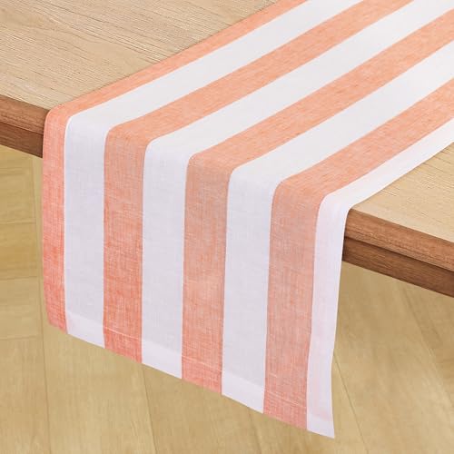 Orange & White Linen Table Runner 14 x 108 Inches - Handcrafted Stripe