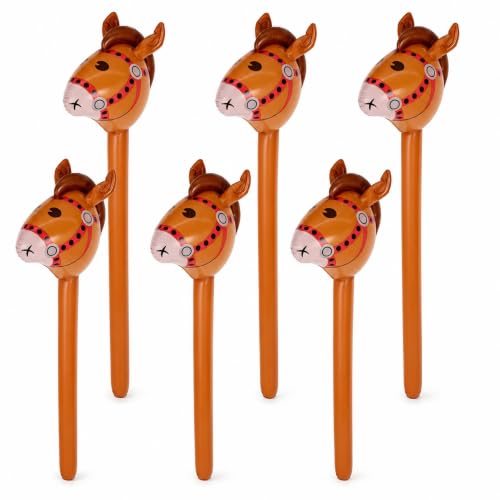 Inflatable Horse Stick Balloons - Reusable Brown PVC Western Party Decorations, 6 Pack