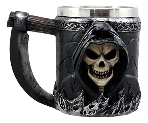 Grim Reaper Coffee Mug with Scythe Handle, 14oz Skeleton Skull Beer Stein