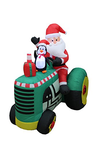 5.3 Ft Inflatable Christmas Santa Driving Tractor with Penguin Outdoor Decor
