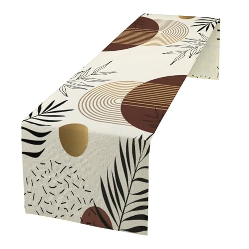 Mid Century Boho Botanical Table Runner 13x70in - Green Tropical Leaves, Geometric Design