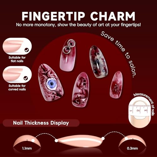 Halloween Press On Nails Short Almond Blood Eye Blood Stain Horror Design Gothic 30pcs - Spooky Manicure