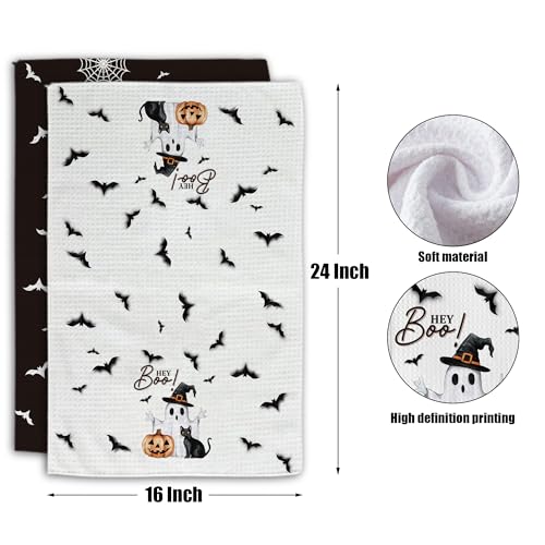 Ghost Pumpkins Bats Cat Hey Boo Halloween Waffle Weave Kitchen Towels - Apricot Variation