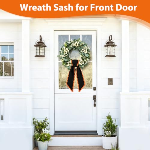 Wreath Sash for Front Door 2 Pack - Black with Orange Halloween Decorations