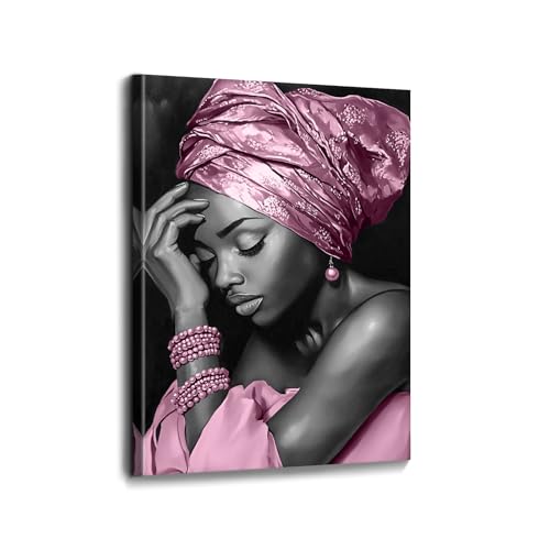 African American Woman Wall Art Canvas Portrait Pink Turban 12x18 Ready to Hang