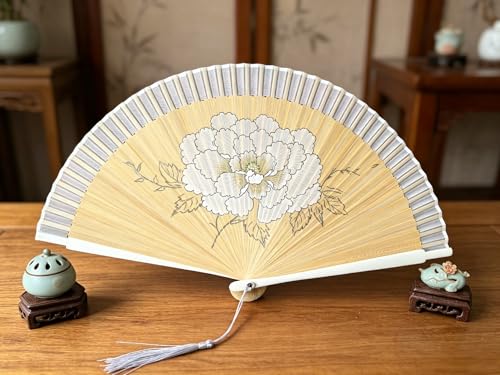 Handheld Silk Folding Fan with Bamboo Frame - White Peony, 8.66 Inch, Chinese & Japanese Style, Party & Wedding Prop