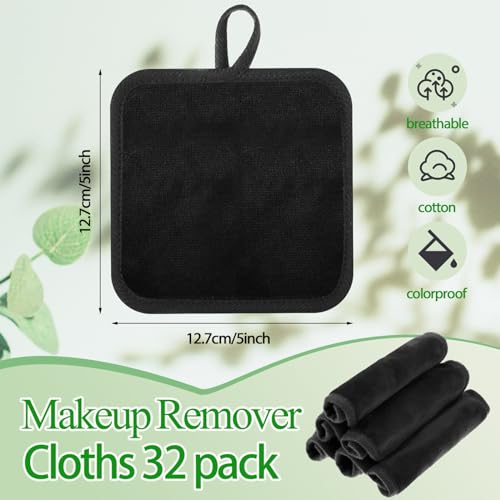 Reusable Makeup Remover Pads - 32 Black Microfiber Cloths, 5x5 Inches - Gentle & Eco-Friendly