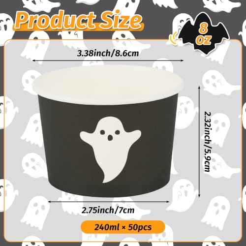 Halloween Ghost Paper Cups 9oz - Disposable Snack Bowls, 50 Pack - Ghost Variation