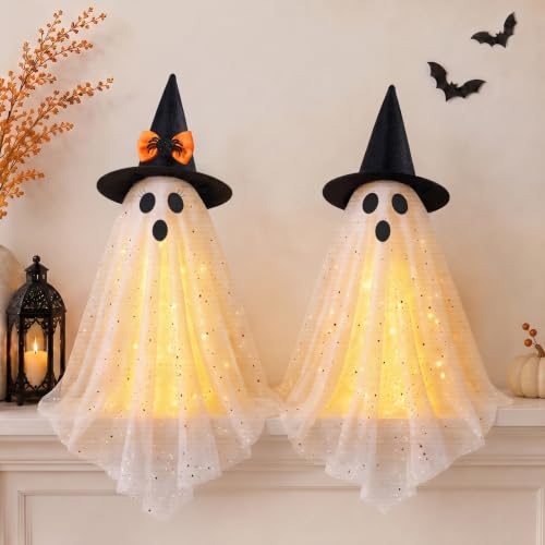 Lighted Ghost Halloween Decorations Set - 2 Pre-Assembled Spooky & Cute Ghosts with LED Lights