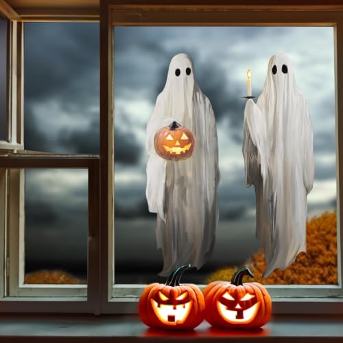 Halloween Window Clings 3-Pack Large White Ghosts with Pumpkin Lanterns - Indoor Decor