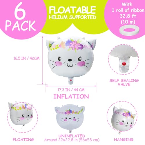 Cat Party Balloons Set - White Flower Kitten Foil Balloons for Birthday & Events