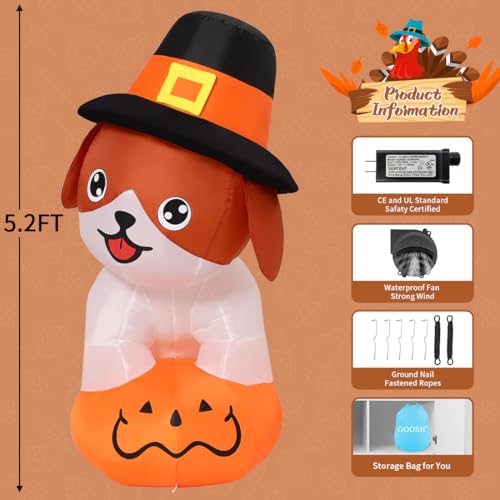 Inflatable Thanksgiving Dog Decor with Pumpkin & Pilgrim Hat, LED Lights - 5.2 FT Outdoor Yard Decoration