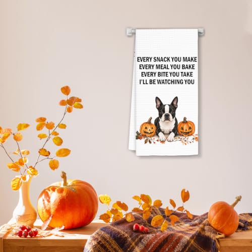 Boston Terrier Fall Dog Kitchen Towels - Pumpkin Dog Dish Decor - FIicy
