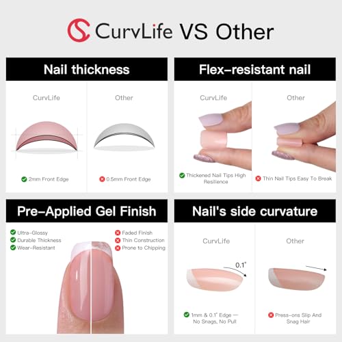 CurvLife Extra Short Square Press On Nails - Nude Pink Tender Glow, Soft Gel, D6