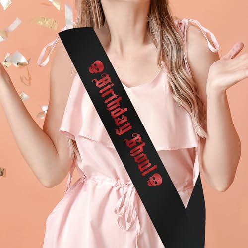 Gothic Birthday Sash with Skulls and Red Lettering - Halloween Party Decor
