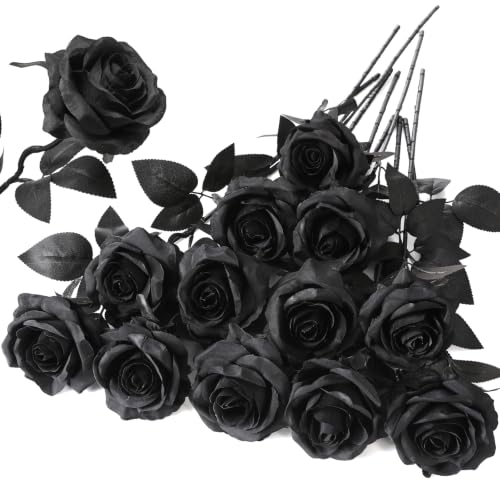 Artificial Roses Bouquet - Solid Black, 12 Long Stem Fake Flowers for Wedding & Home Decor - Variation: Solid Black / 12Pcs Flowers