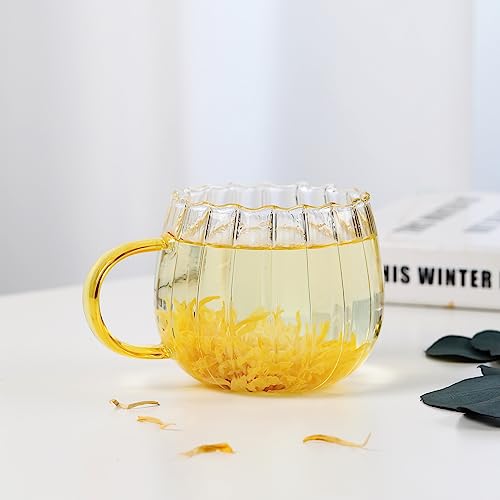 Halloween Pumpkin Glass Coffee Mugs Set of 4 - 14oz with Yellow Handle