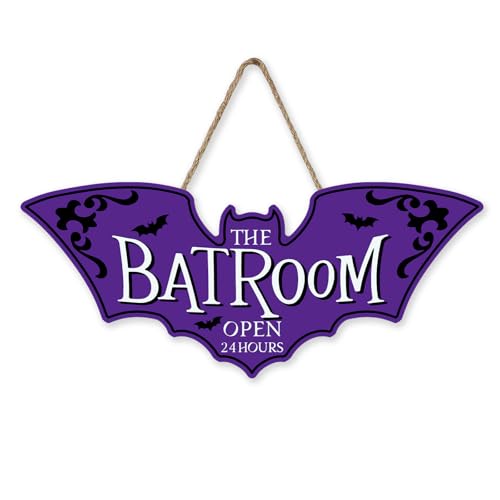 Bolisom Bat Shaped Door Sign - The Batroom Open 24 Hours, Purple Gothic Halloween