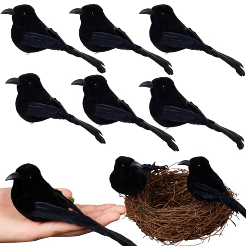 6-Pack Black Halloween Crow Clip-On Decorations - Fake Birds for Haunted Displays