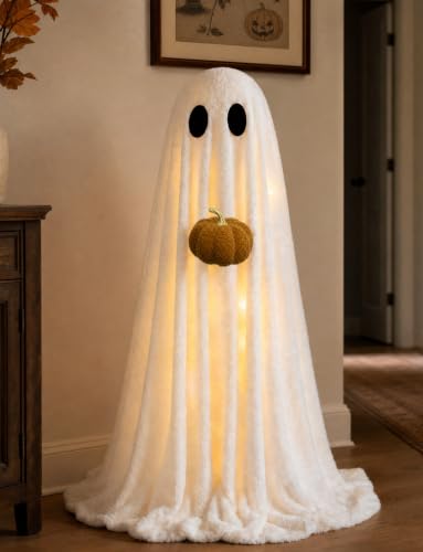 Indoor Halloween Ghost Decoration with Pumpkin and Light-Up Feature - 3.6FT