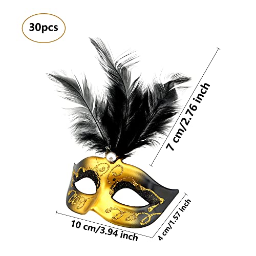 Mini Masquerade Masks Set - 30 Gold Party Decorations for Mardi Gras Halloween & More
