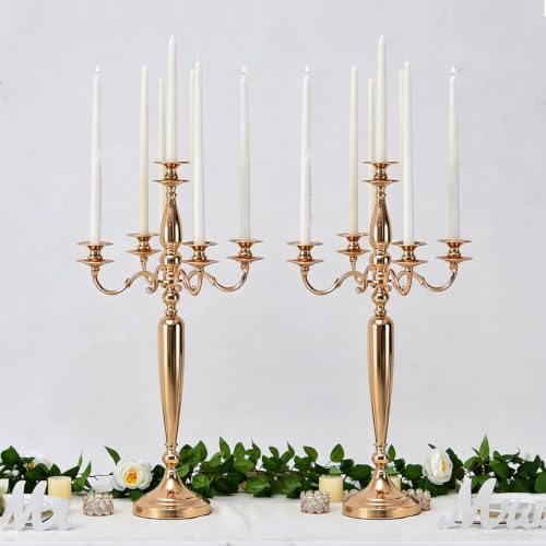 28in Gold 5-Arm Candelabra Wedding Centerpieces - Set of 2, Luxury Table Decor
