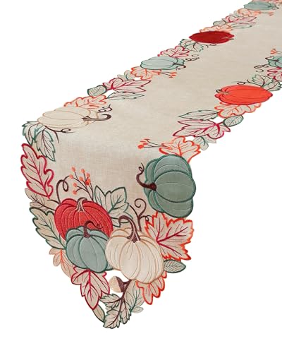 Fall Table Runner with Embroidered Velvet Pumpkins & Maple Leaves - 36 Inch Thanksgiving Decor - Pumpkins & Maple Leaf Variation