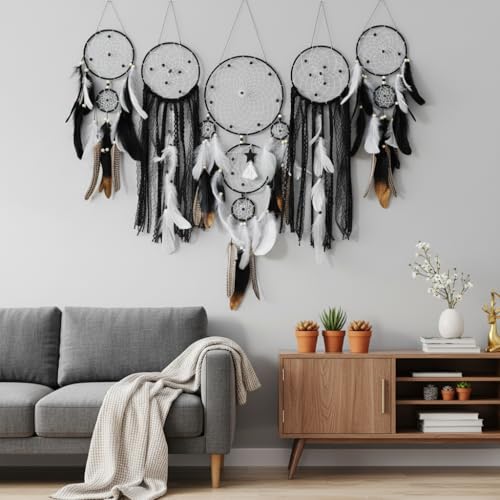 Black 5 Pack Dream Catchers Boho Wall Decor Moon Sun Set - Handcrafted