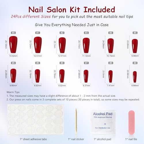 Red Press-On Ballet False Nails Long Ruby-Red Coffin Shape with Adhesive Tapes - Variation L5581, 24pcs