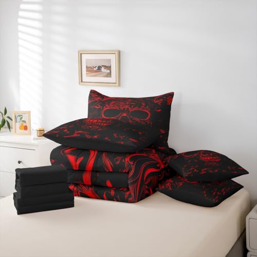 Red Black Gothic Queen Comforter Set with Sheets - 7 Piece Bedding