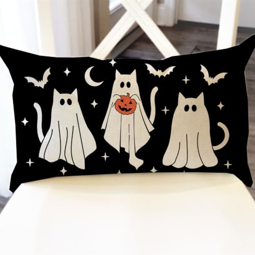 Halloween Throw Pillow Cover 12x20 Ghost Cat Black - Farmhouse Decor