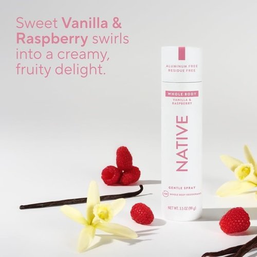 Native Whole Body Deodorant Spray - 72 Hour Aluminum-Free Formula, Vanilla & Raspberry, 3.5oz