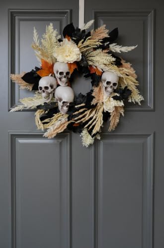 24-Inch Halloween Wreath with Skulls, Leaves & Peonies for Front Door Decor