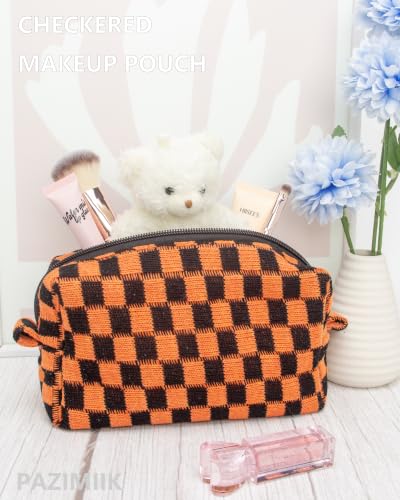 Checkered Makeup Bag for Purse - Halloween Orange Small Travel Cosmetic Pouch - 1 Pack