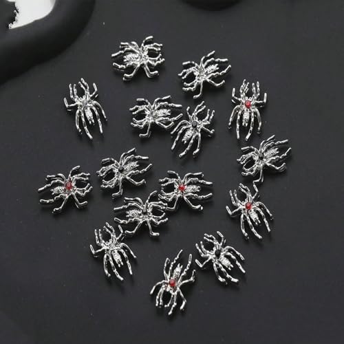 15pcs Silver Rhinestone Spider Nail Charms Halloween Nail Art Decorations