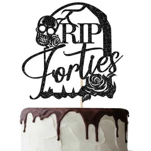 Rip Forties Cake Topper - Black Glitter Rip to My 40s Birthday Decorations