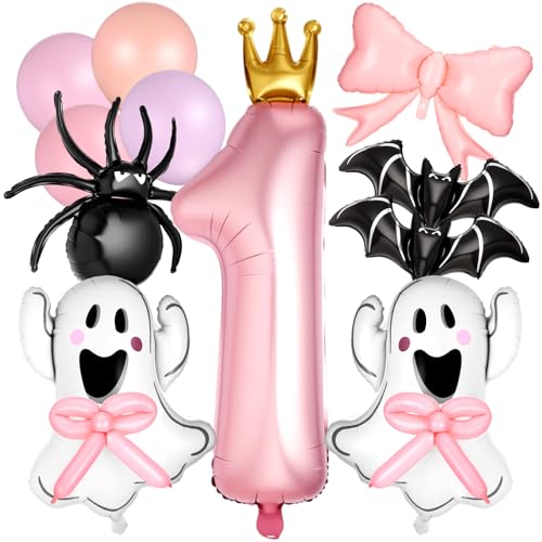 Halloween Birthday Balloon Set - Pink and Black with Bat and Ghost Variations, 12 Pcs