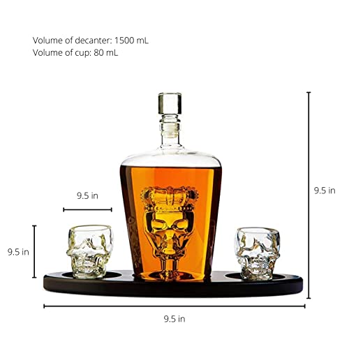 Skull Decanter Set with 2 Shot Glasses and Wooden Base - Gothic Skeleton Whiskey & Tequila Barware - Variation of Skull Set