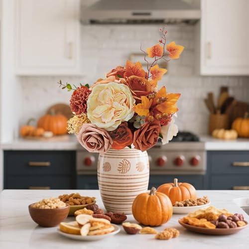 Terracotta Fall Faux Flower Box Set with Burnt Orange & Maple Leaves for Wedding & Home Decor - DIY Arrangements