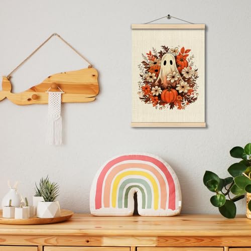 Halloween Ghost Farmhouse Wall Decor - Rustic Fall Wooden Poster with Hanger, 17 x 12.5 Inches