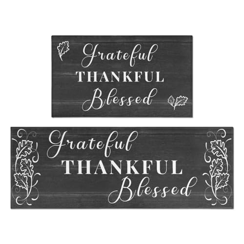 Black Thankful Blessed Kitchen Rugs Set of 2 - 17x47 & 17x30 Inch Cushioned Non-Slip Mat