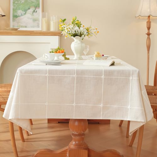 White Square Tablecloth 53x53 Inch Farmhouse Linen Cotton Polyester - Plaid Variation