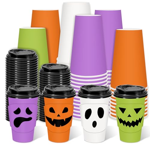 Halloween Coffee Cups 16oz with Lids & Sleeves - Ghost Design, 48 Sets