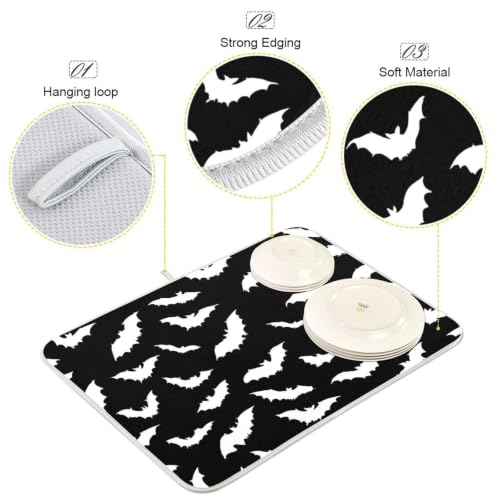 Halloween Bats Pattern Absorbent Microfiber Dish Drying Mat - 16x18 Black - Kitchen Counter Protector