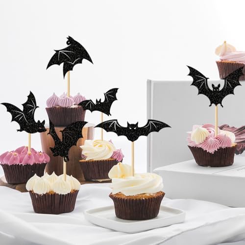 Glitter Bat Halloween Cupcake Toppers Set - Black Bat Picks, 24 Pack with Variation