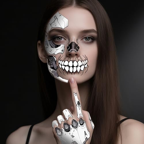 Mechanical Skeleton Face Tattoos - Waterproof Halloween Temporary Stickers for Party & Cosplay