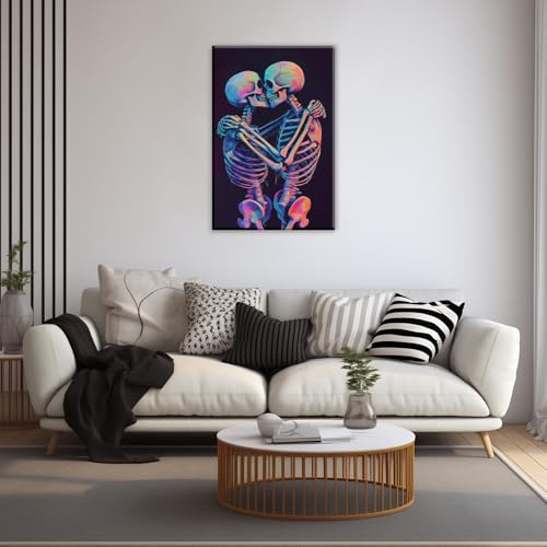 Skeleton Wall Art Kissing Skull Poster - Halloween Horror Decor 16x24 Framed Artwork Variation of Artwork-3