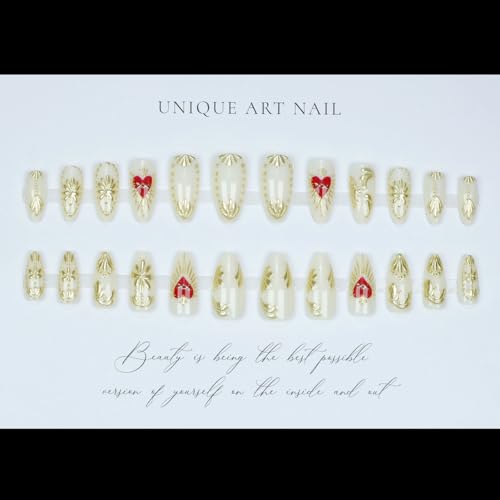 Almond Shape Glossy Press-On Nails - Medium Length Red Heart Design, Style7