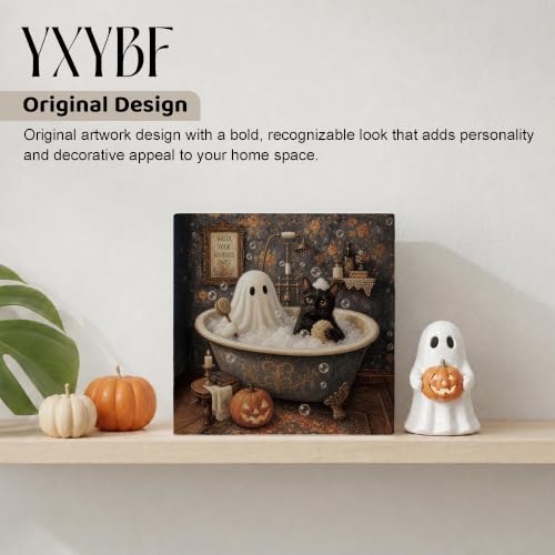 Halloween Black Cat Ghost Bathroom Decor Wood Desk Sign - Ghost 03