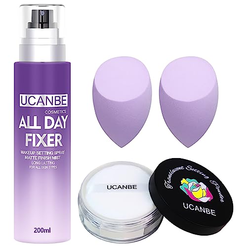 UCANBE Makeup Setting Spray Kit SET02 - Hydrating Matte Finish, Loose Powder & Puffs